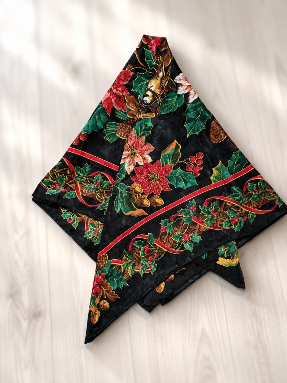 1980s VINTAGE: Holiday Poinsettia Scarf - Black with Red & Green